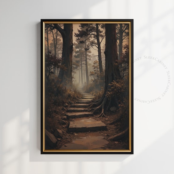 Misty Stone Steps Dark Forest Path Moody Woodland Art Poster