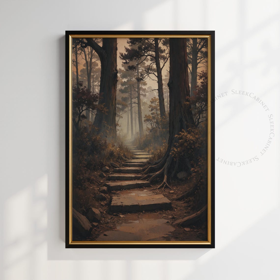 Misty Stone Steps Dark Forest Path Moody Woodland Art Poster