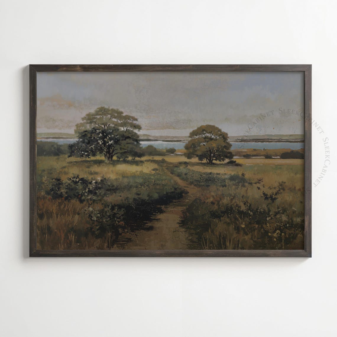 Pastoral Countryside Meadow Path Trees Distant Lake Art Poster - Image 2