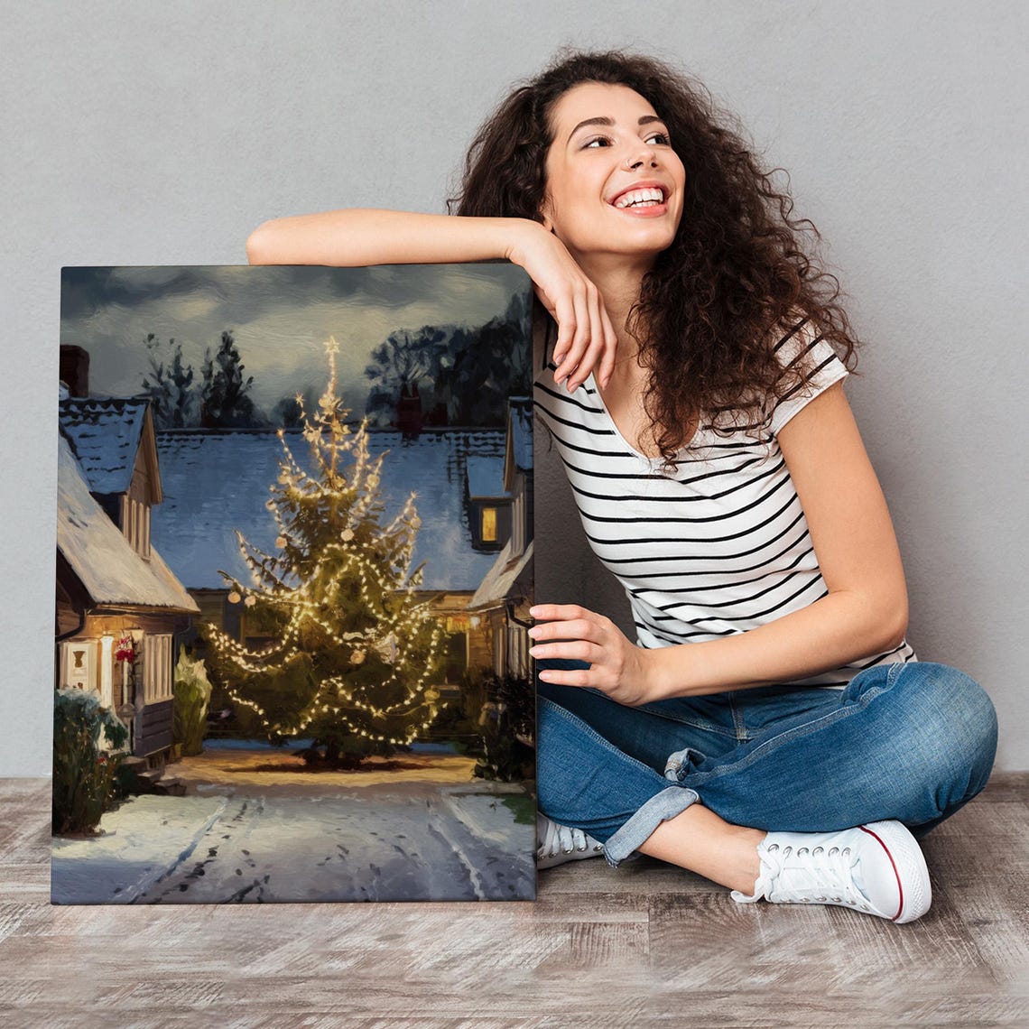 Snowy Village Christmas Tree Night Lights Cozy Winter Street Poster - Image 4