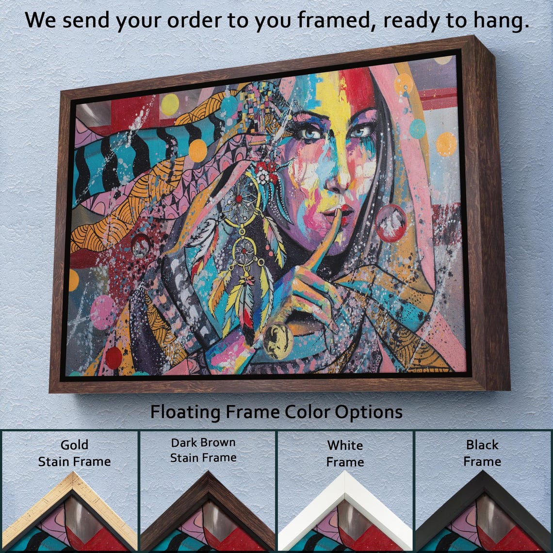 Pop Art Woman Face Dreamcatcher Feathers Colorful Portrait Wall Art - Image 3