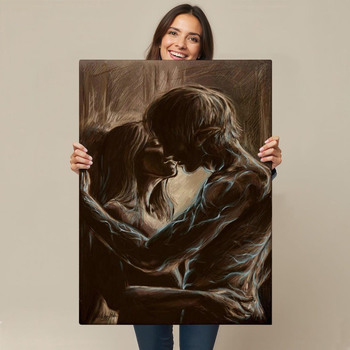 Sepia Sketch Couple Kissing In The Rain Romantic Vintage Art Print - Image 4