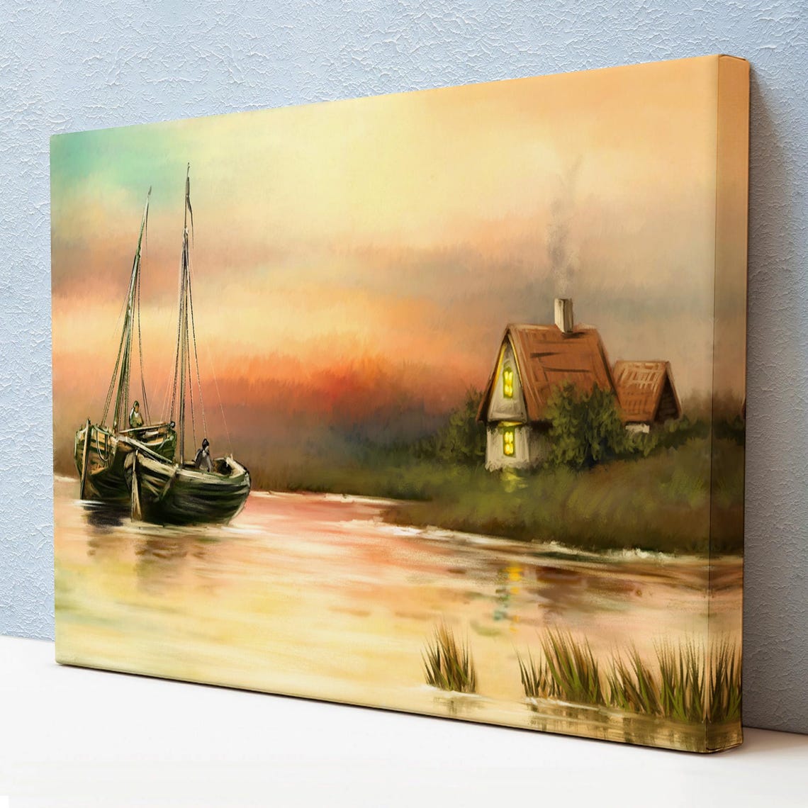 Fishermen Boats Sunset Riverside Cottage Cozy Evening Landscape Poster