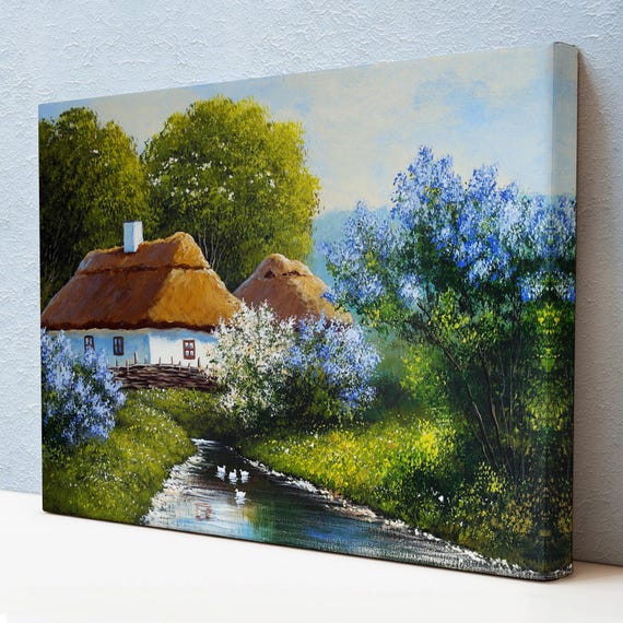 Cottage By The River Oil Painting Style Decorative Wall Art Nature Decor Nature Art Nature Wall Decor