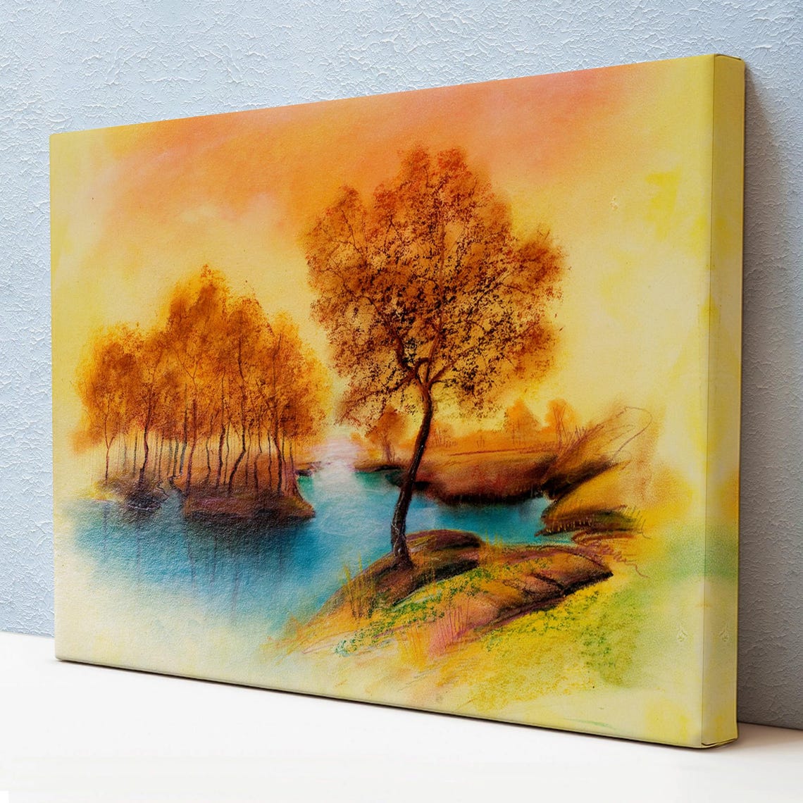 Autumn Trees By Turquoise Lake Golden Fall Foliage Warm Scene Poster