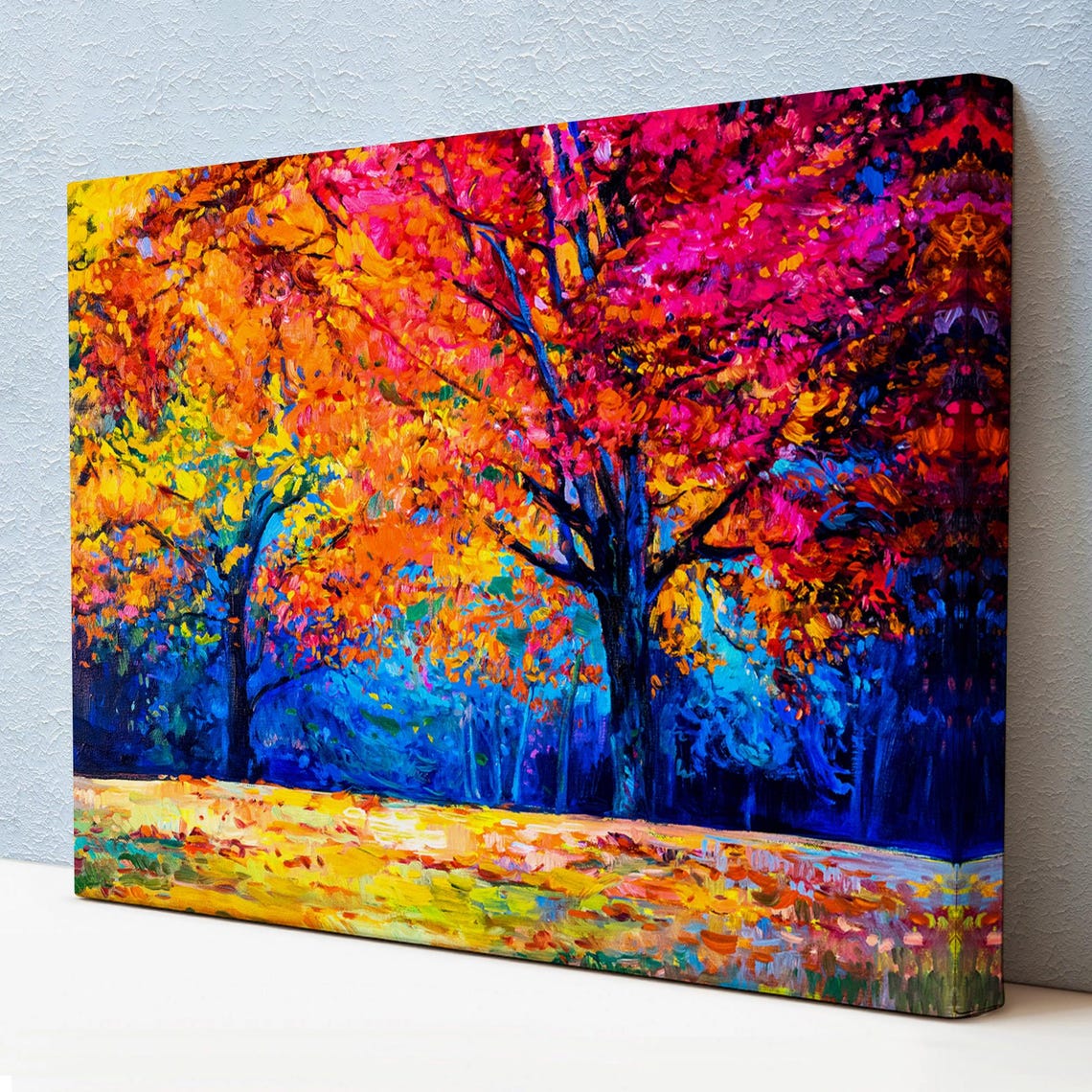 Vivid Autumn Forest Red Orange Magenta Trees Fall Foliage Oil Poster