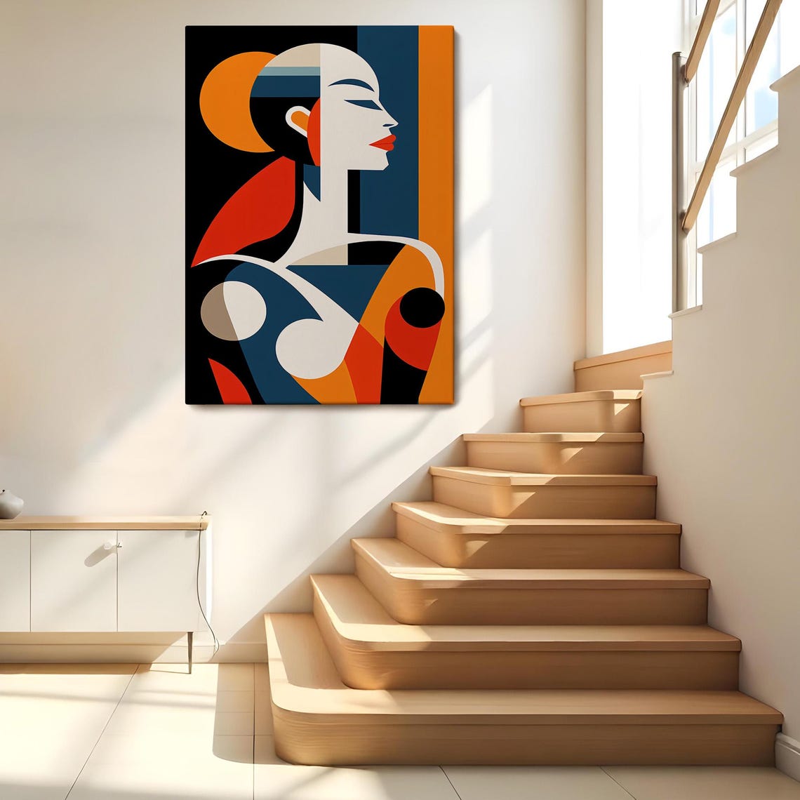 Art Deco Woman Profile Navy Orange Cubist Elegant Portrait Wall Art - Image 2
