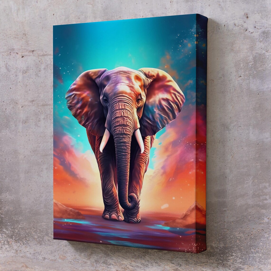 Majestic Elephant Walking Forward Under Turquoise Sunset Sky Wall Poster