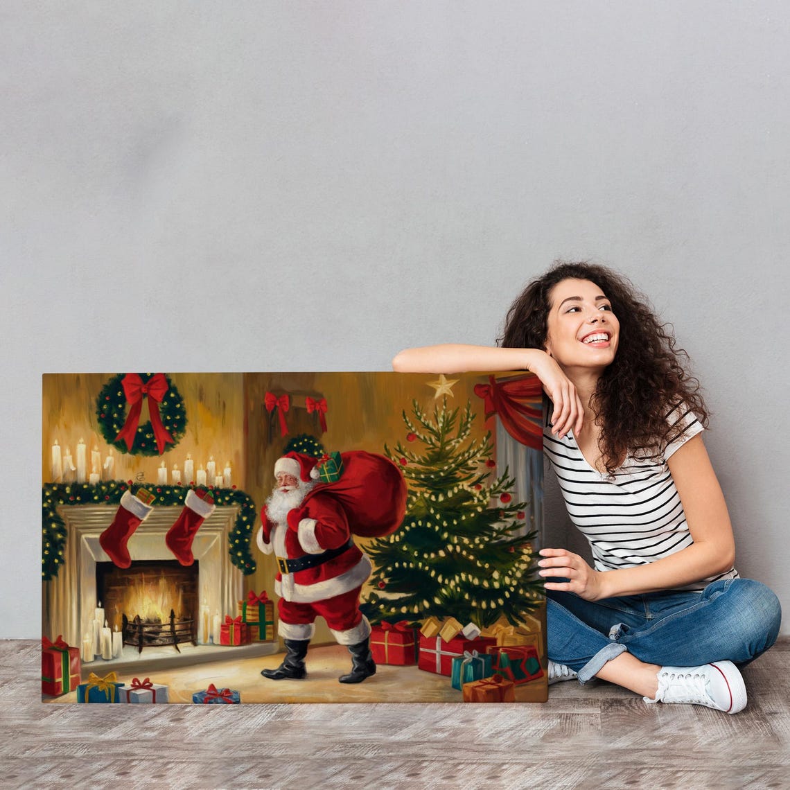 Santa Claus Gift Sack Christmas Tree Fireplace Classic Holiday Poster - Image 4