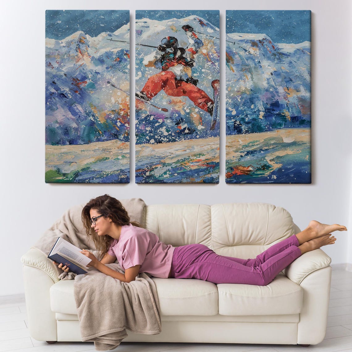 Freestyle Skier Mid Jump Snowy Mountain Peaks Action Painting Poster - Image 3