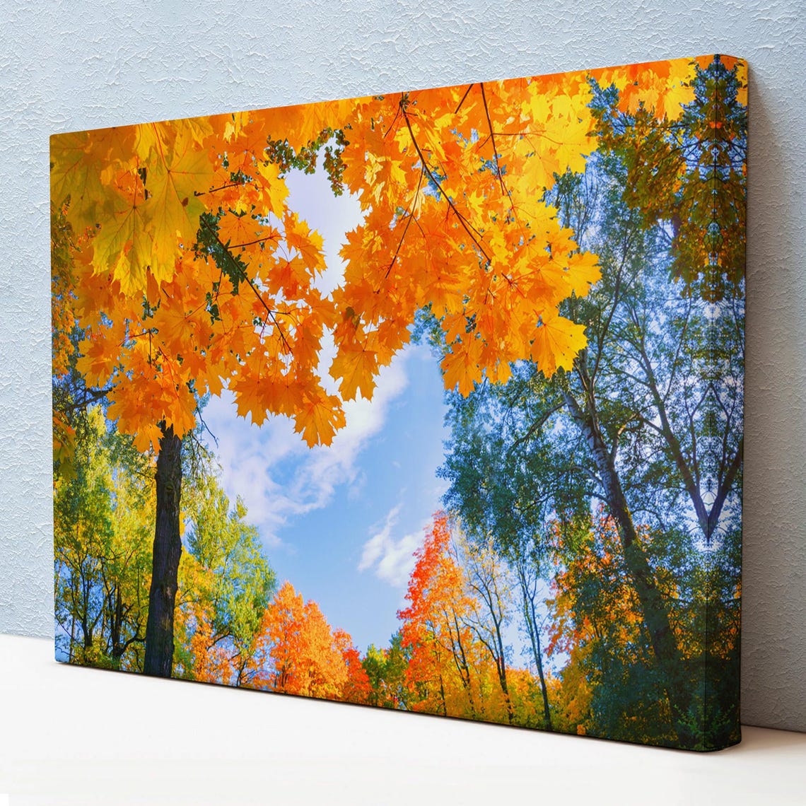 Autumn Maple Canopy Golden Leaves Blue Sky Forest View Art Poster