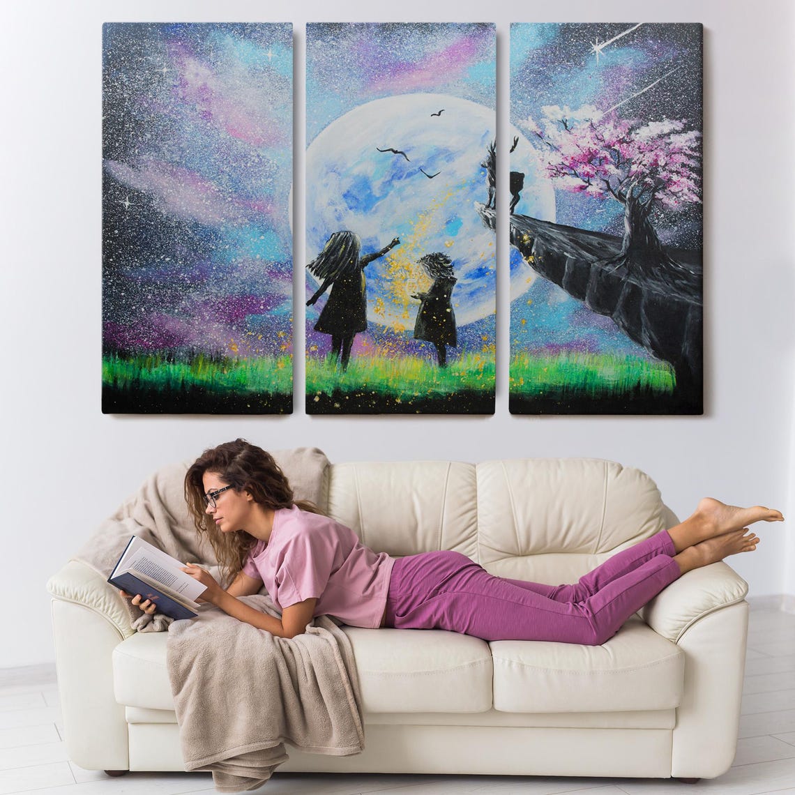 Children Under Giant Full Moon Deer Cherry Blossom Starry Night Poster - Image 3