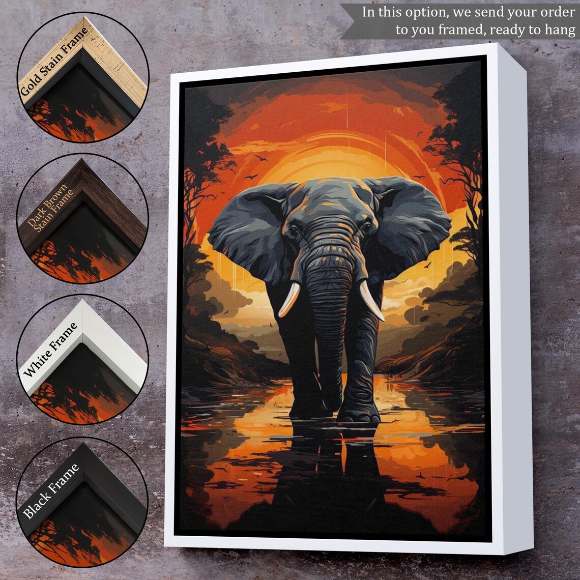 Elephant Walking Through Water At Fiery Orange Sunset Dramatic Wall Art - Image 3