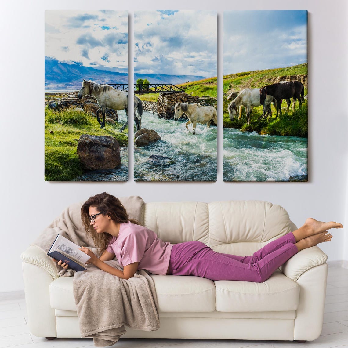 Wild Horses Crossing Mountain River Stone Bridge Photo Wall Poster - Image 3