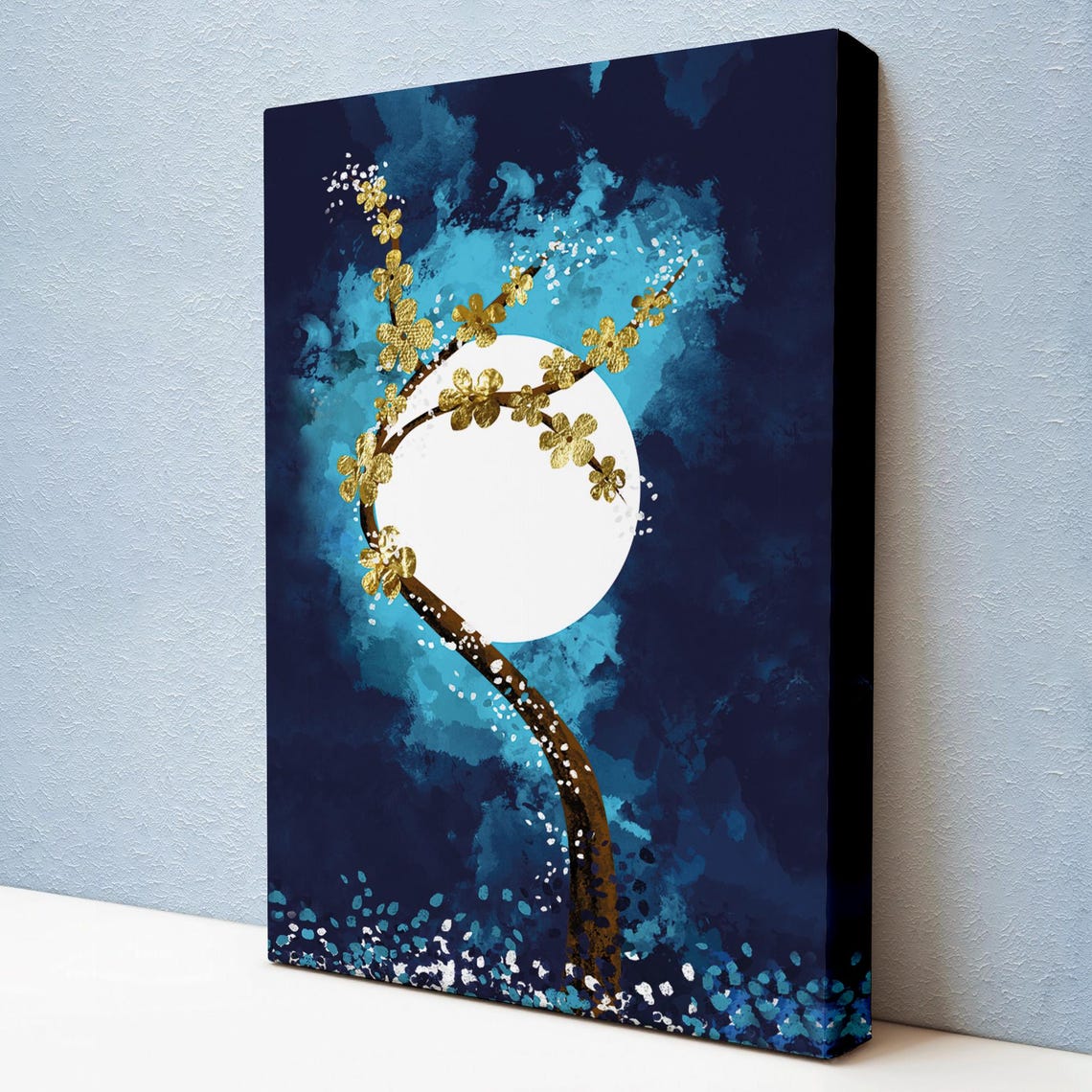 Golden Blossom Branch Full Moon Deep Navy Abstract Modern Art Print