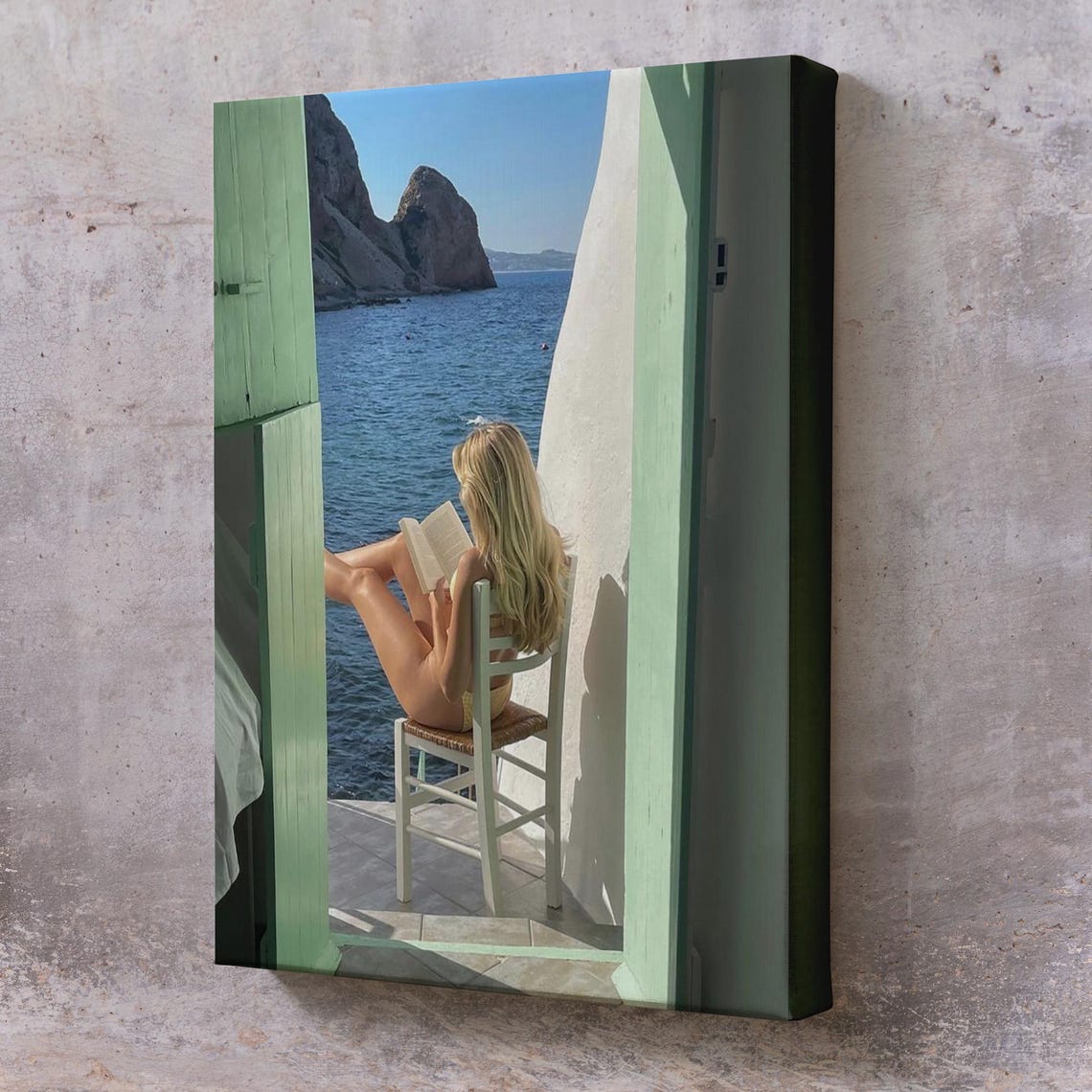 Woman Reading Book By The Sea Green Door Mediterranean View Poster