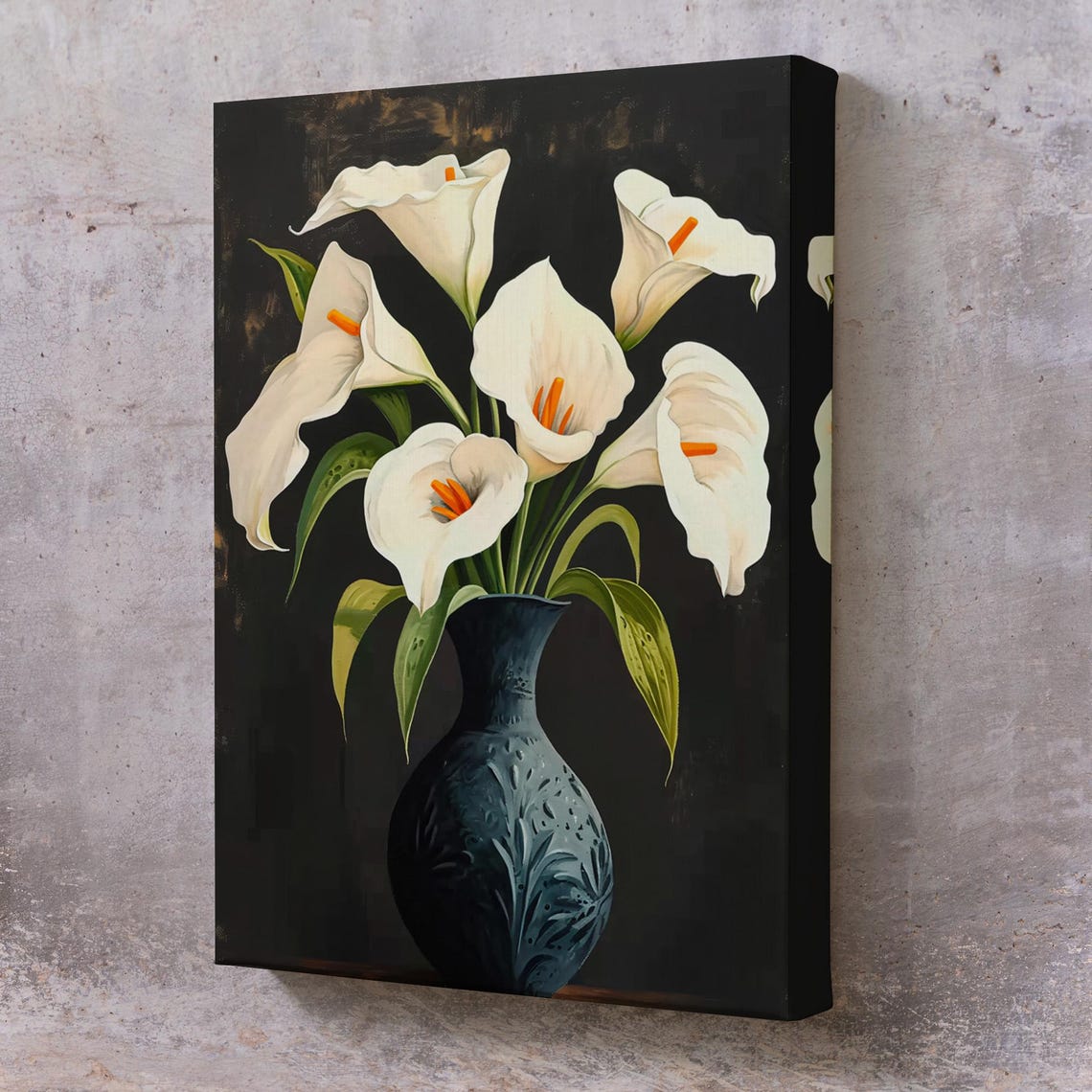 White Calla Lilies Dark Vase Elegant Floral Still Life Canvas Poster