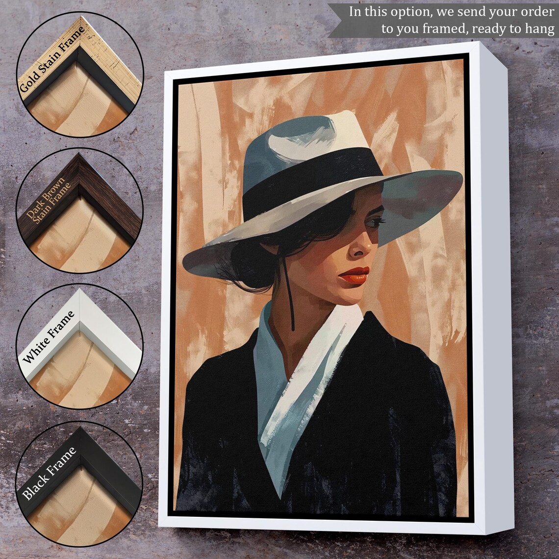 Woman In White Fedora With Black Band Warm Orange Brushstroke Art Poster - Image 3