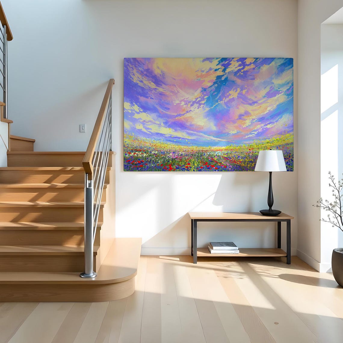 Pastel Swirling Clouds Colorful Wildflower Meadow Painting Poster - Image 2