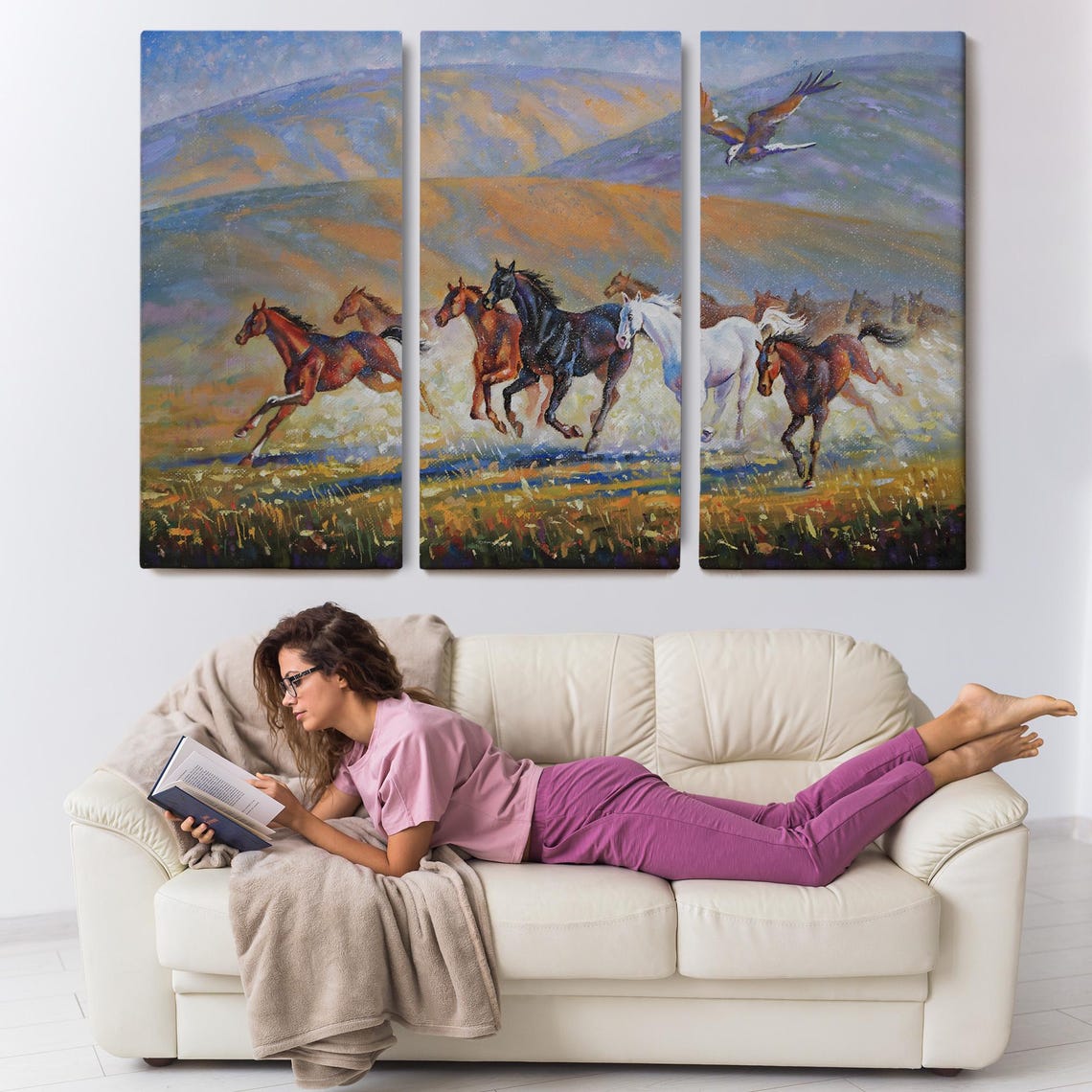 Wild Horses Galloping Herd Soaring Eagle Mountain Valley Wall Art - Image 3