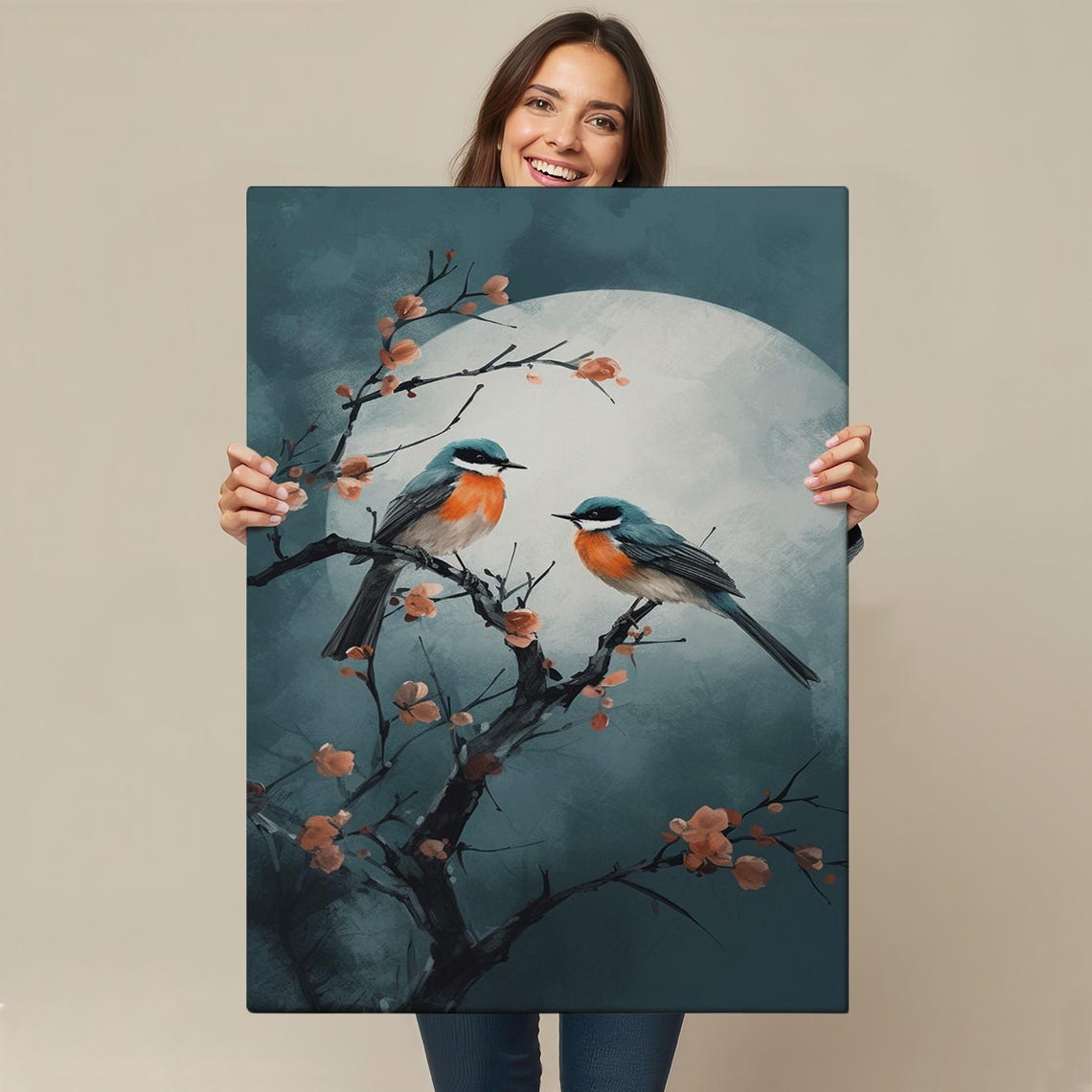 Two Songbirds Blossom Branches Full Moon Teal Night Painting Poster - Image 4