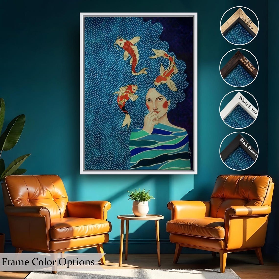 Surreal Woman Koi Fish Blue Wave Hair Dreamlike Ocean Art Poster - Image 2