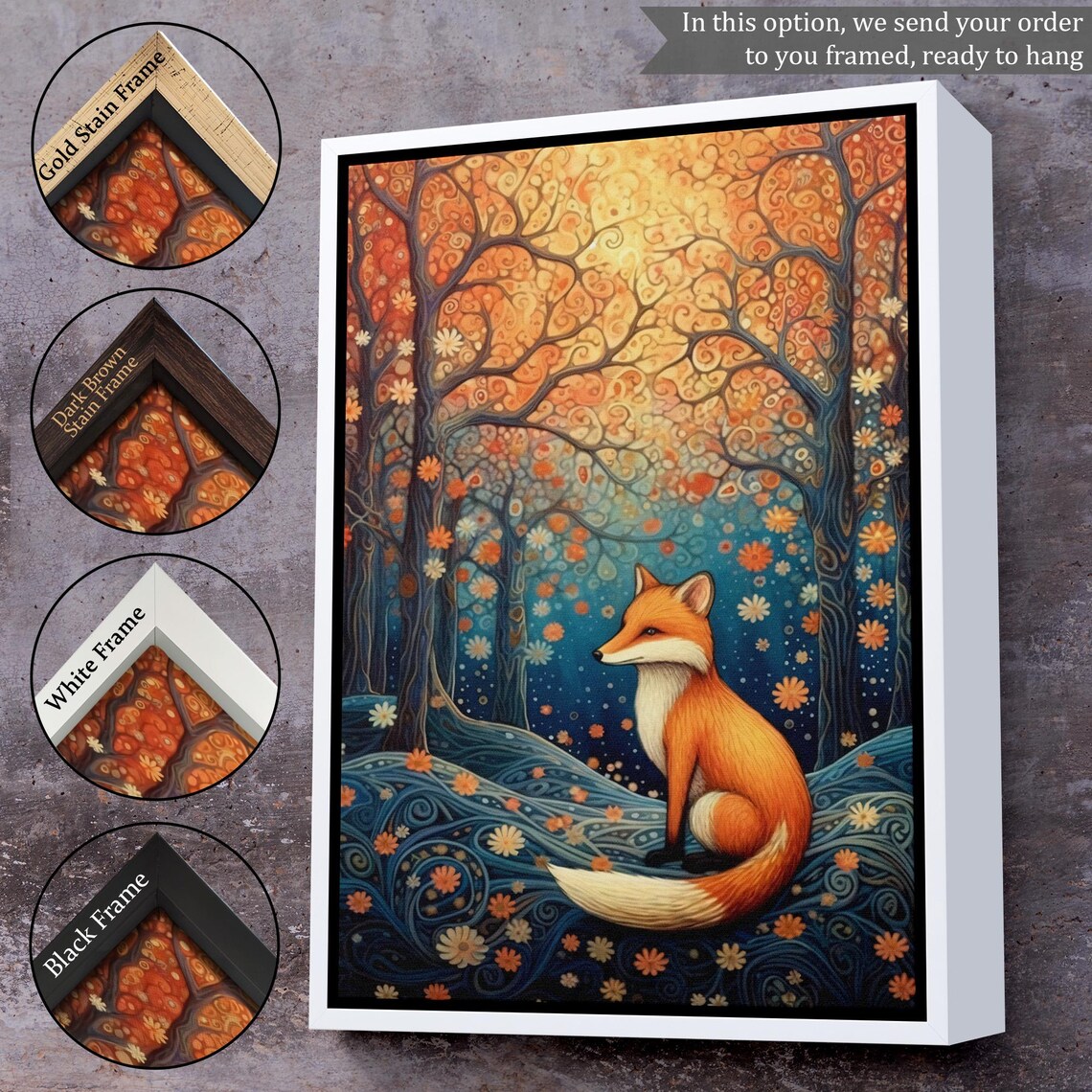 Red Fox Sitting In A Stylized Autumn Forest Teal And Orange Wall Poster - Image 3