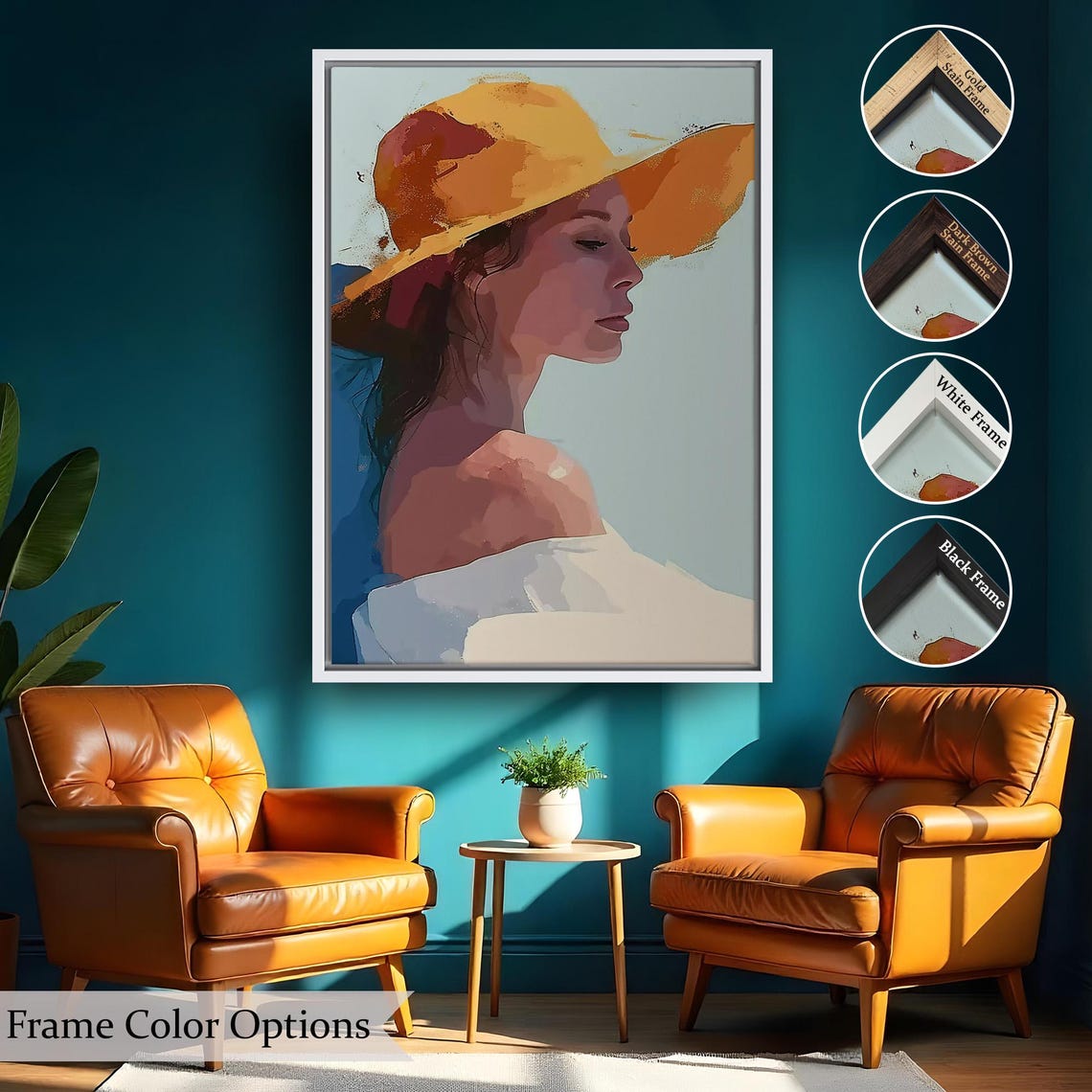 Abstract Woman Yellow Sun Hat Summer Profile Watercolor Art Poster - Image 2