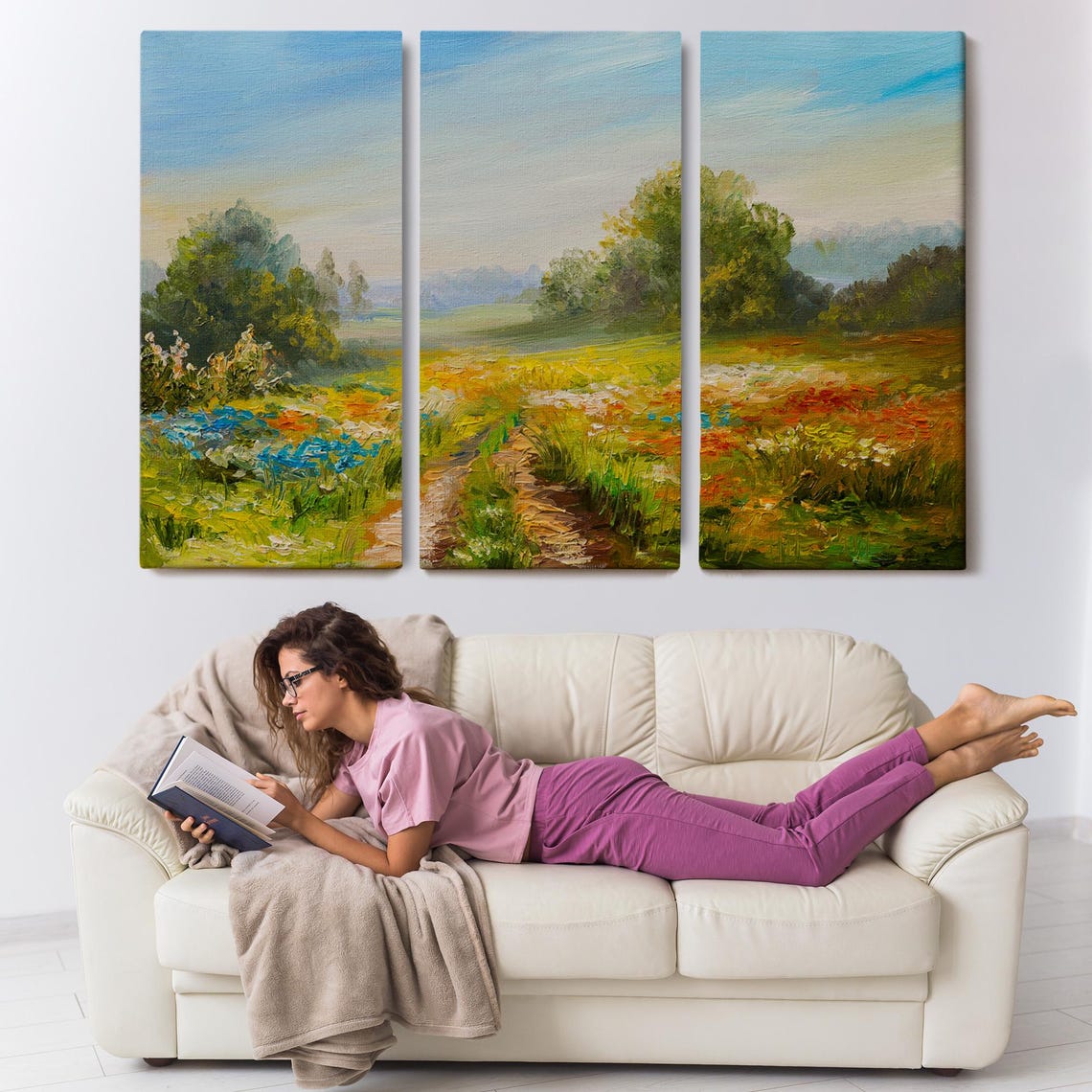 Sunlit Wildflower Meadow Poppy Cornflower Field Path Nature Poster - Image 3