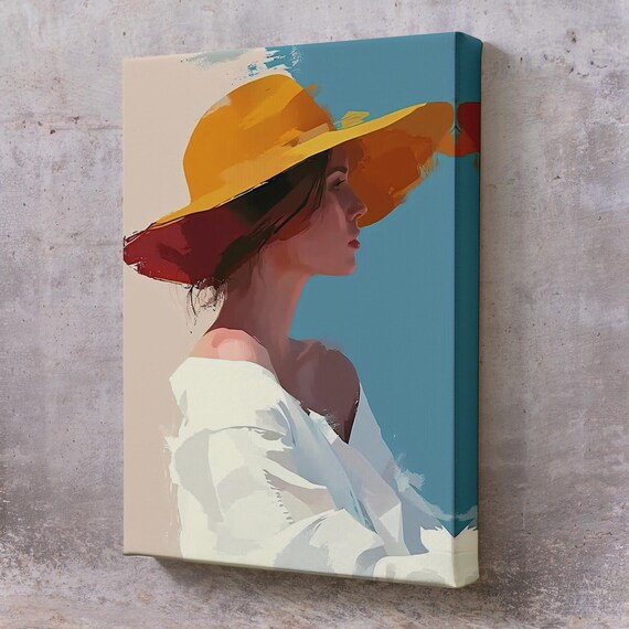 Woman In A Yellow Wide Brim Hat Profile Minimalist Portrait Wall Poster