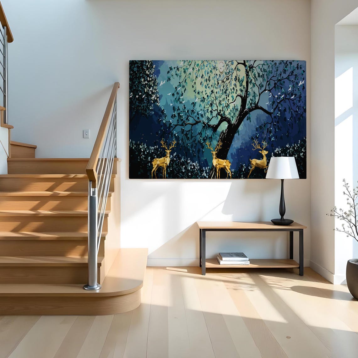 Golden Geometric Deer Night Forest Moonlit Tree Modern Art Poster - Image 2