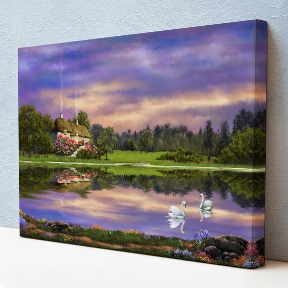 Lakeside Forest House Landscape Oil Painting Look Decorative Wall Art Nature Art Nature Decor Nature Wall Decor