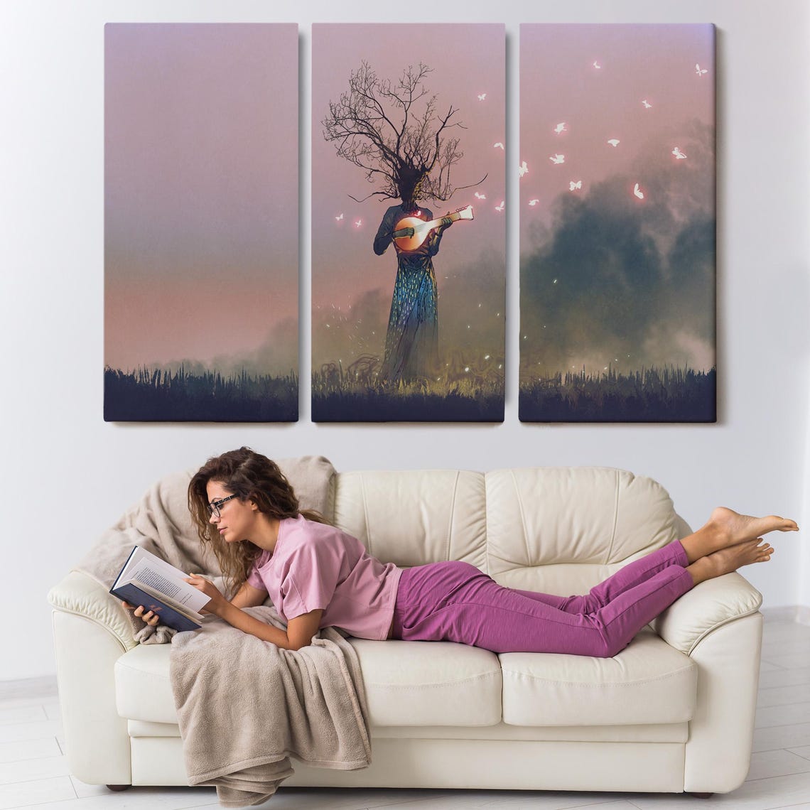 Surreal Tree Head Musician Playing Glowing Lute at Twilight Wall Art - Image 3