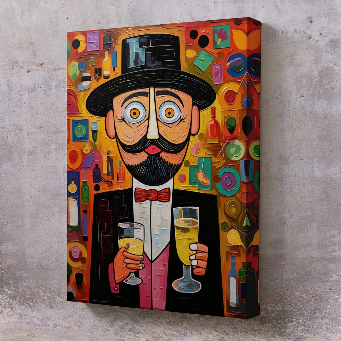 Cubist Mustached Gentleman Top Hat Champagne Whimsical Bar Wall Art