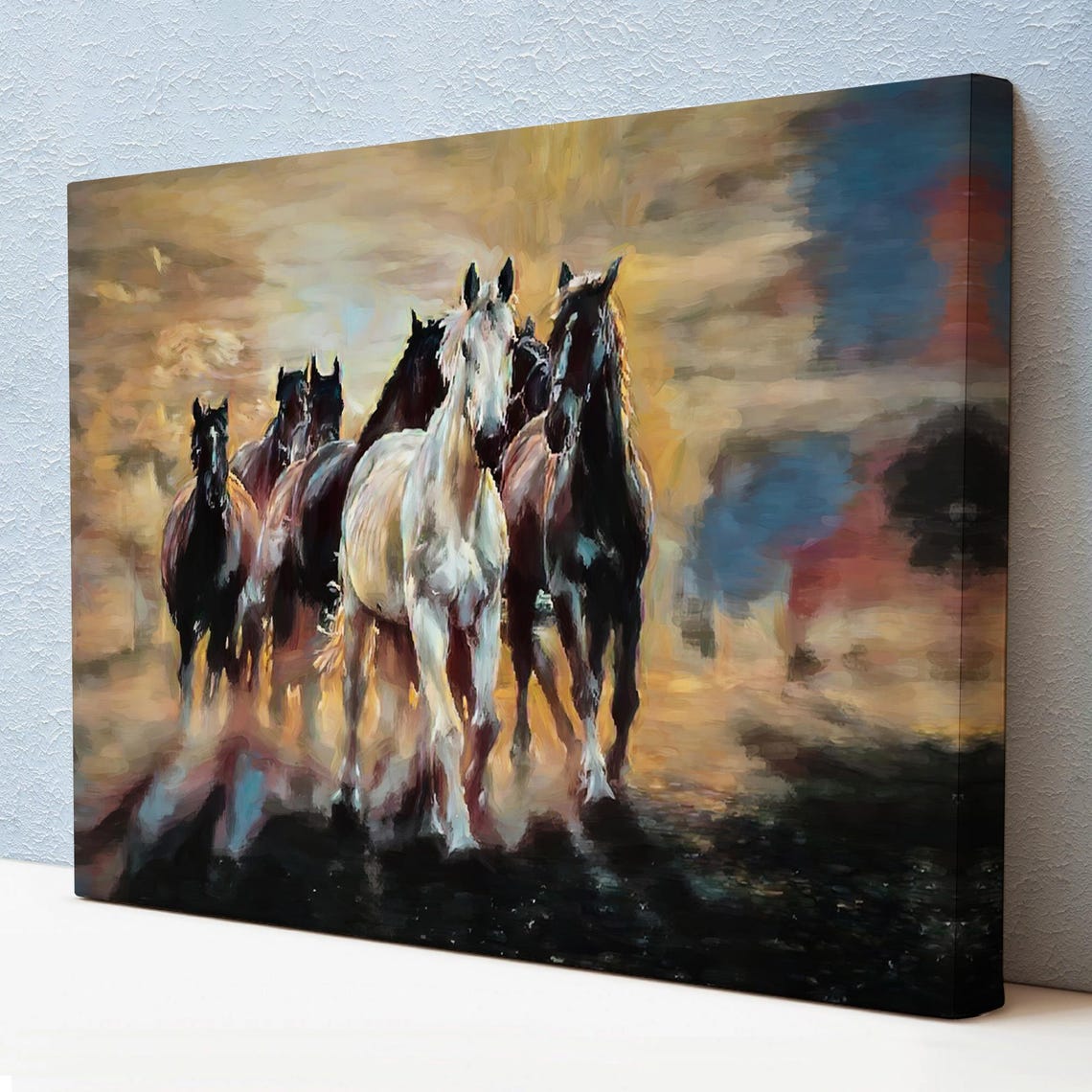 Galloping Wild Horses Herd Dusty Sunset Oil Painting Art Poster