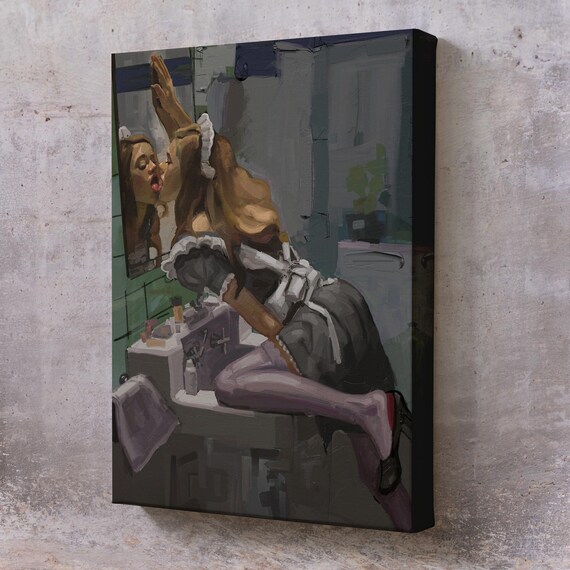 Maid Girl Kissing Mirror Sultry Pin-Up Style Painting Poster