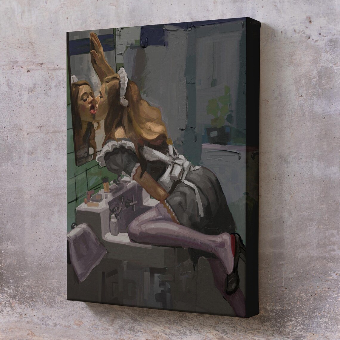 Maid Girl Kissing Mirror Sultry Pin-Up Style Painting Poster