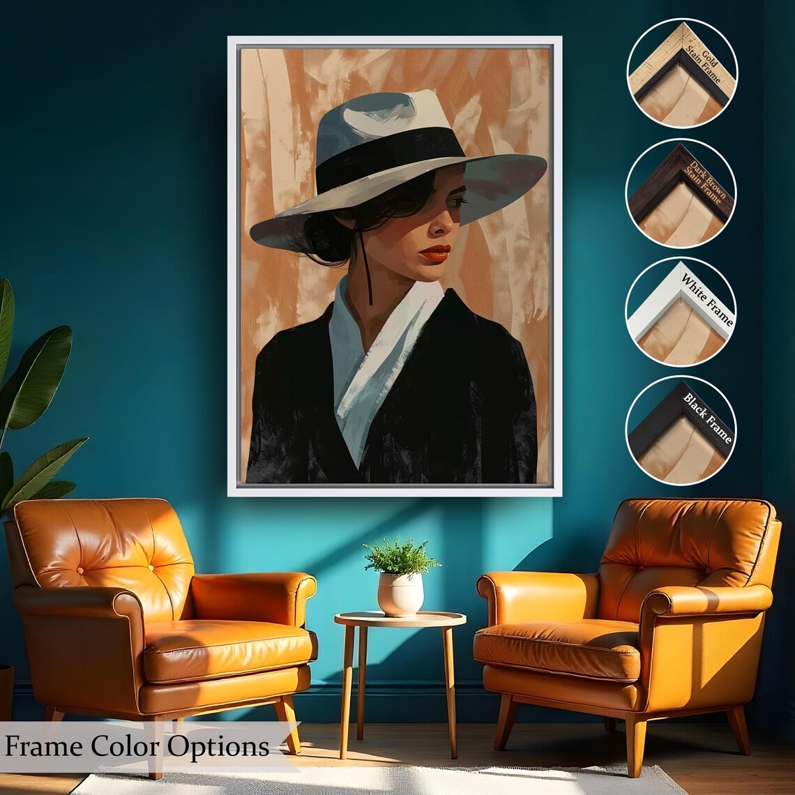 Woman In White Fedora With Black Band Warm Orange Brushstroke Art Poster - Image 2