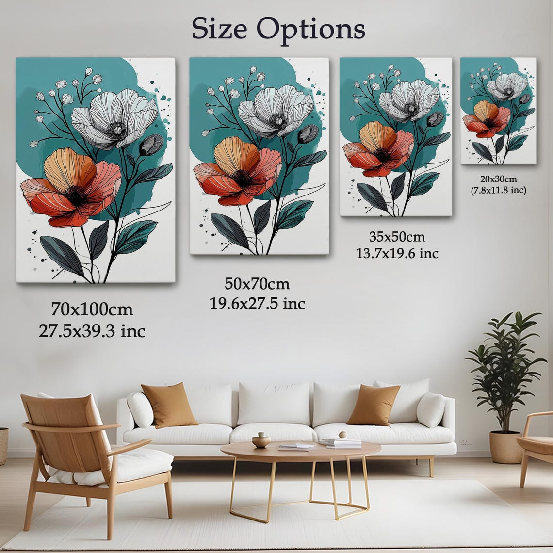 Orange White Poppy Flowers Modern Line Art Teal Botanical Poster - Image 4