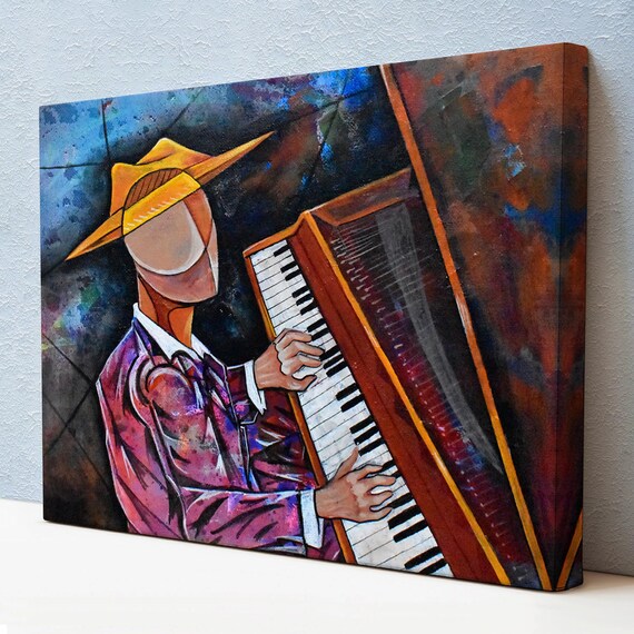 Cubist Musician Yellow Hat Playing Grand Piano Jazz Art Poster