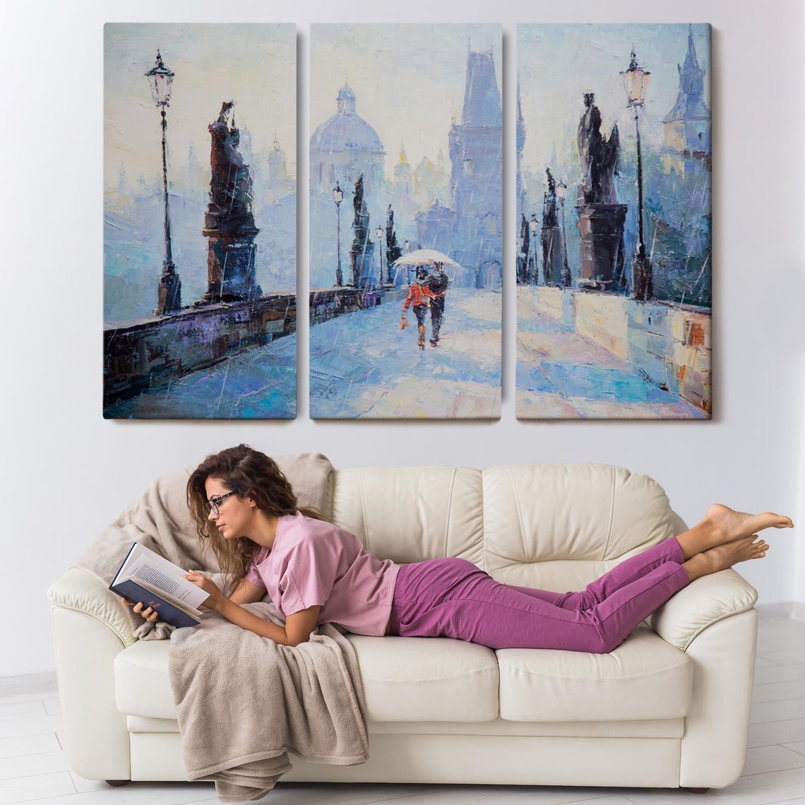 Prague Charles Bridge Rainy Day Couple Umbrella Old Town View Poster - Image 3