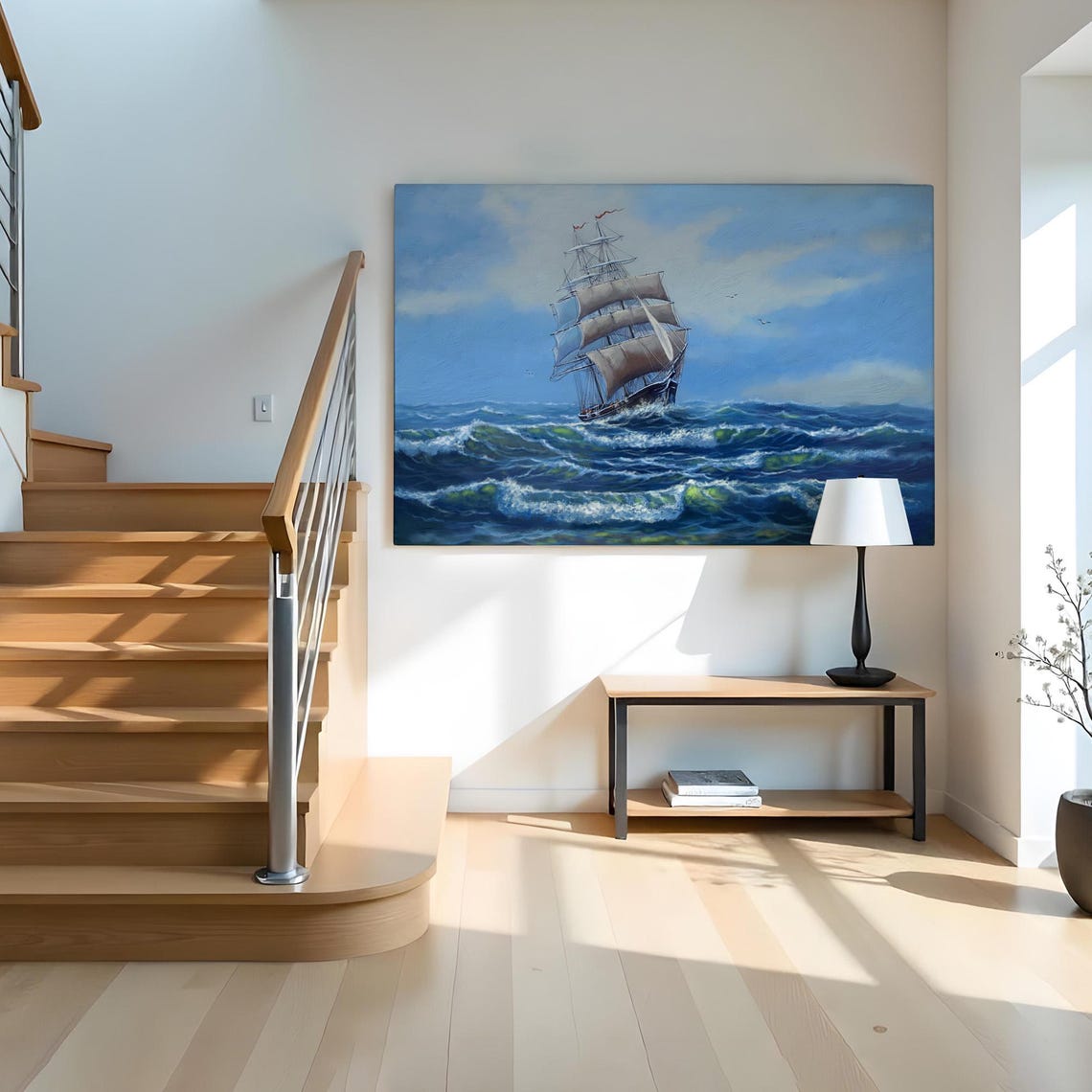 Tall Sailing Ship Full White Sails Blue Ocean Waves Art Print - Image 2