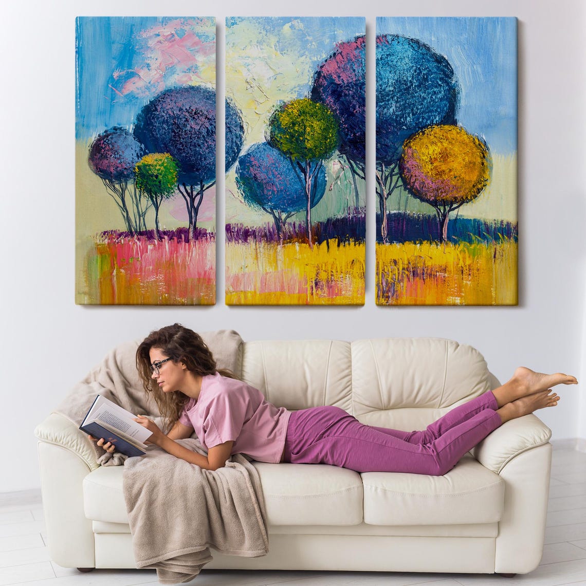 Abstract Round Topped Trees Blue Purple Gold Textured Impasto Wall Art - Image 3