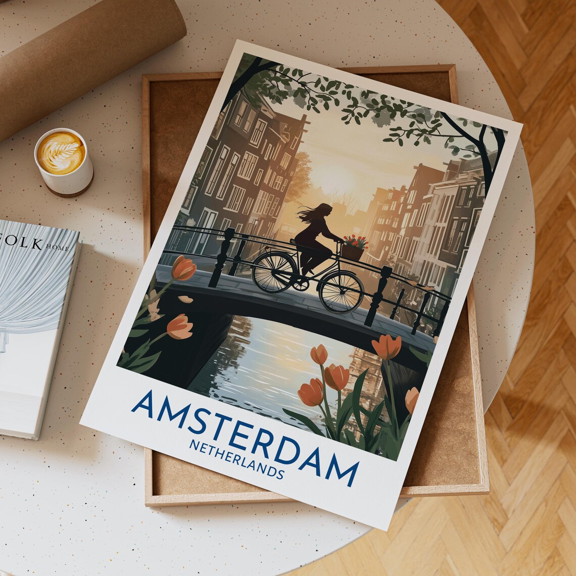 Amsterdam Netherlands Vintage Travel Cycling Bridge Sunrise Poster