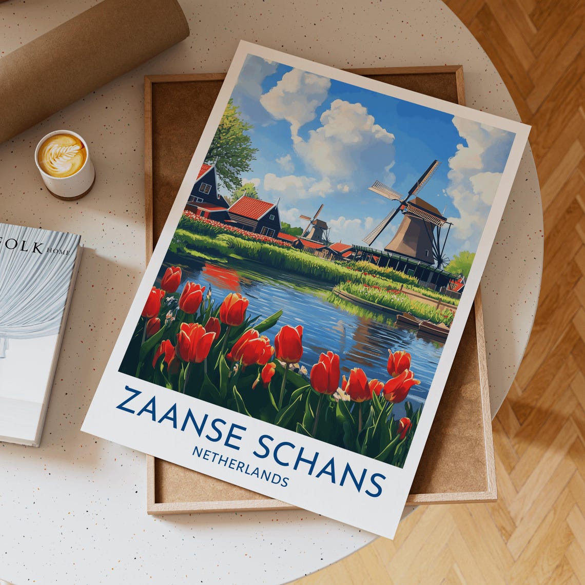 Zaanse Schans Netherlands Windmills Canal Red Tulips Travel Poster