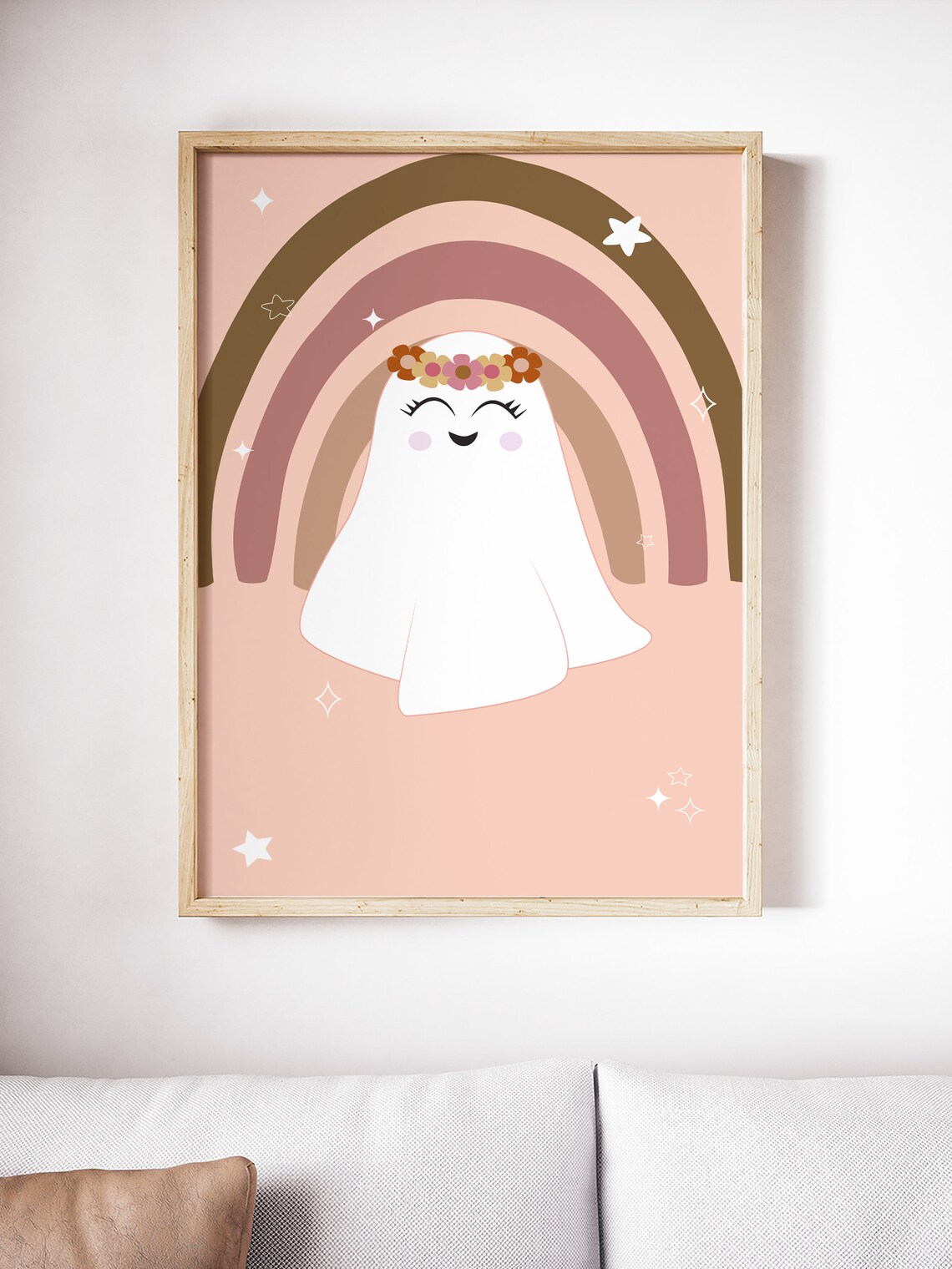 Cute Halloween Ghost with Flower Crown Under Boho Rainbow Poster - Image 3