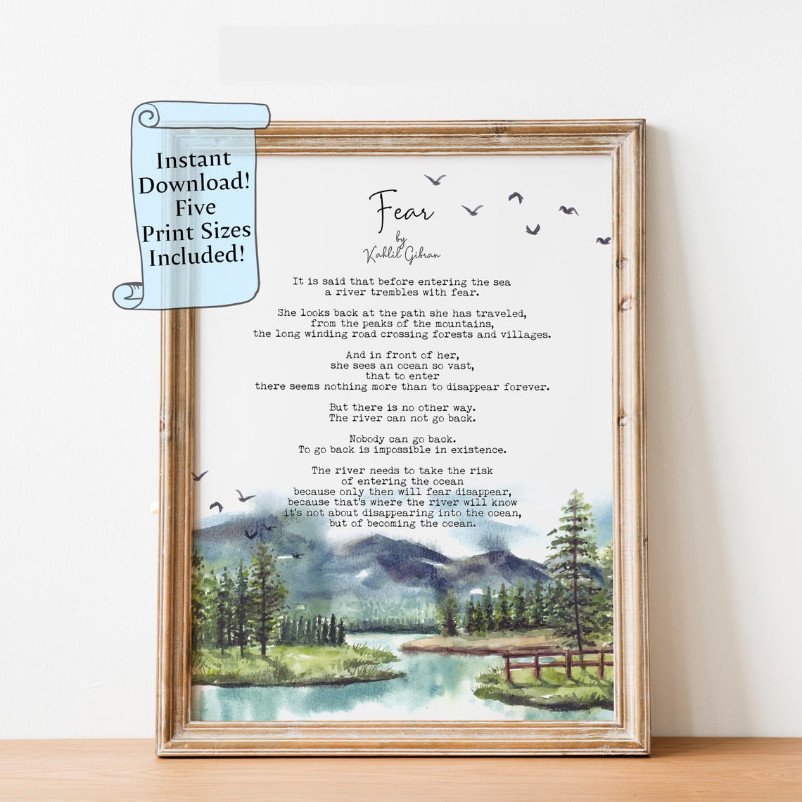 Fear By Kahlil Gibran Poem Poster With Watercolor Mountain Landscape