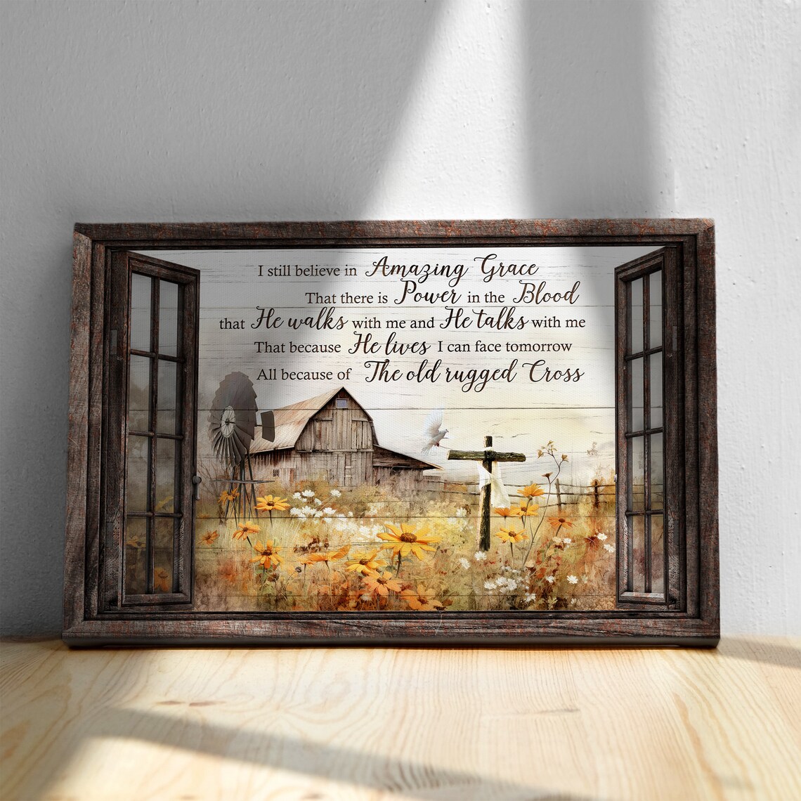 Farmhouse Window Amazing Grace Barn Cross Sunflower Field Wall Art - Image 2