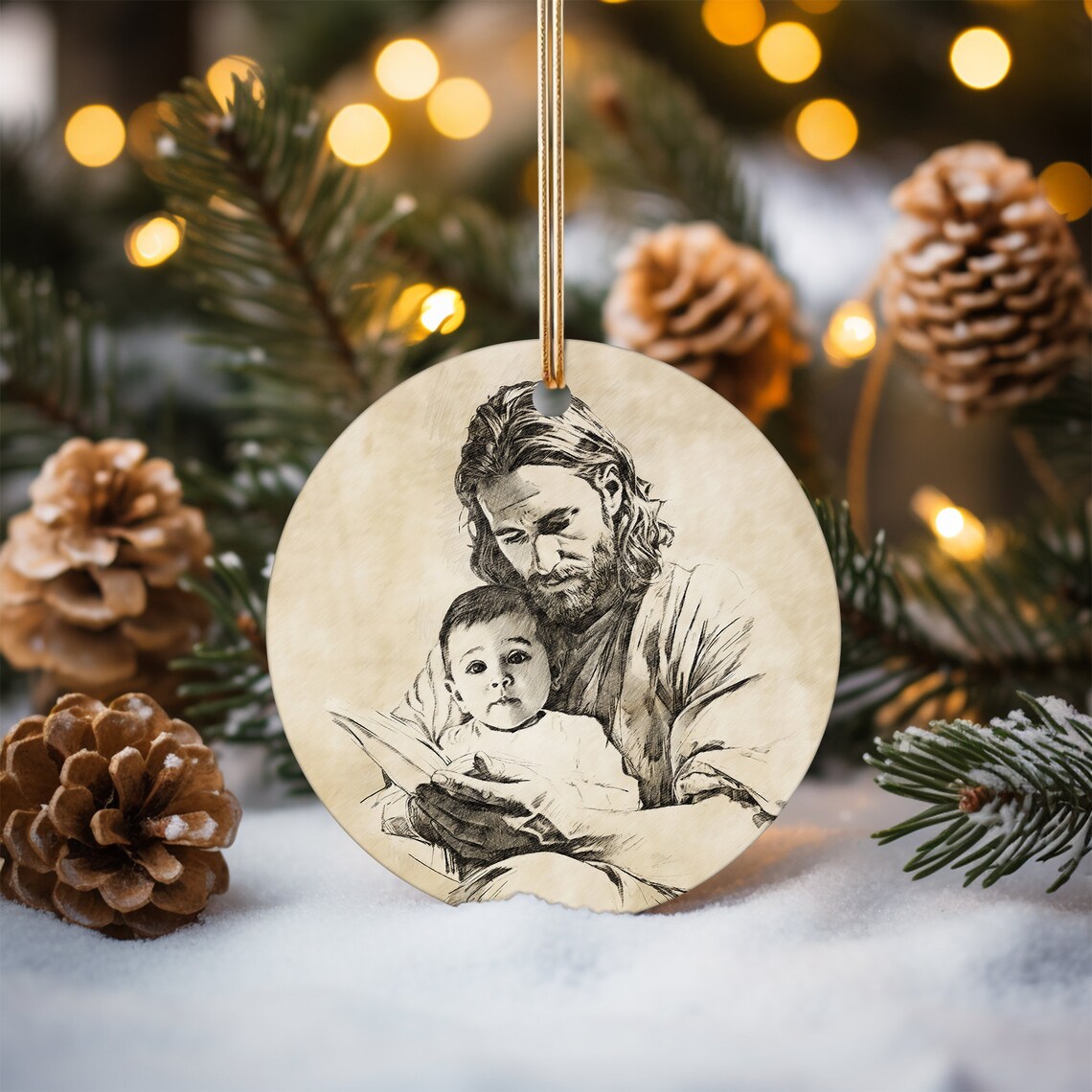 Custom Jesus and Baby Sepia Sketch Christmas Ornament Memorial Poster - Image 4