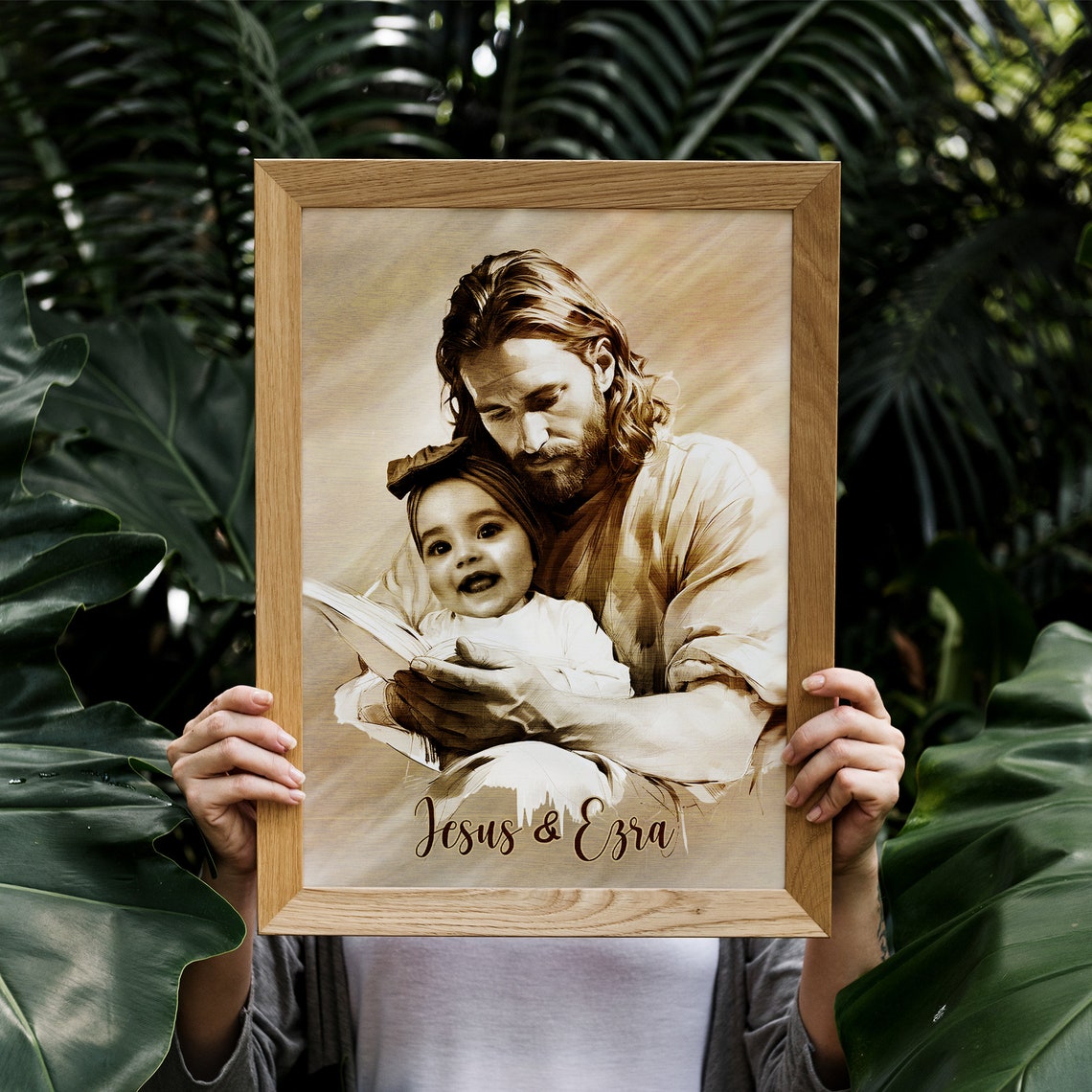 Jesus Reading to Baby Ezra Sepia Framed Personalized Memorial Wall Art - Image 2